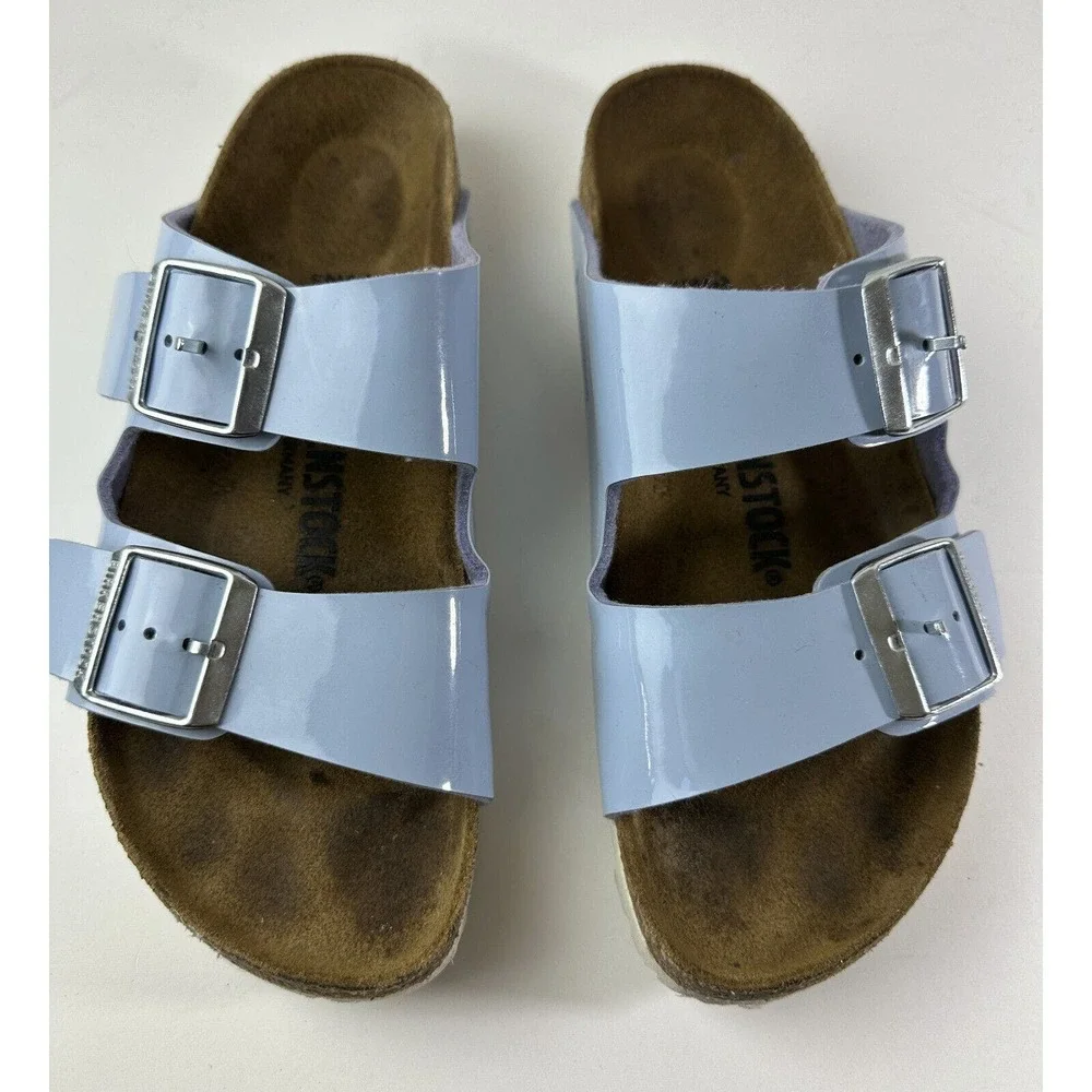 Birkenstock Arizona Big Buckle Birko-Flor Patent Dove Blue Size 37 US Women's 6 - Picture 2 of 11